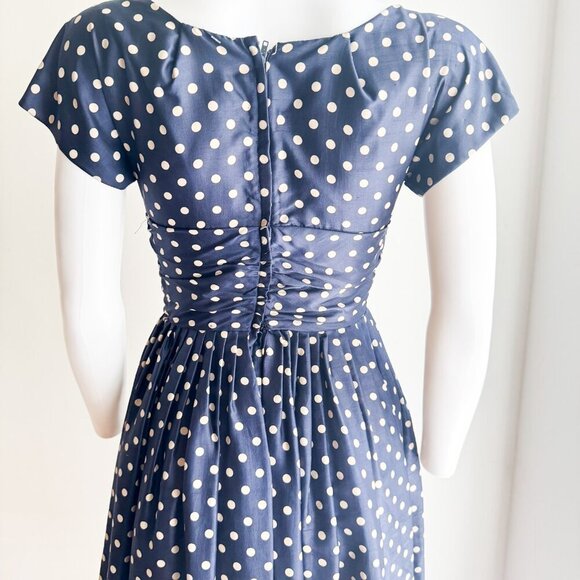 Vintage Silk Navy Blue White Polka Dot Short Sleeve Dress XS - Picture 6 of 8